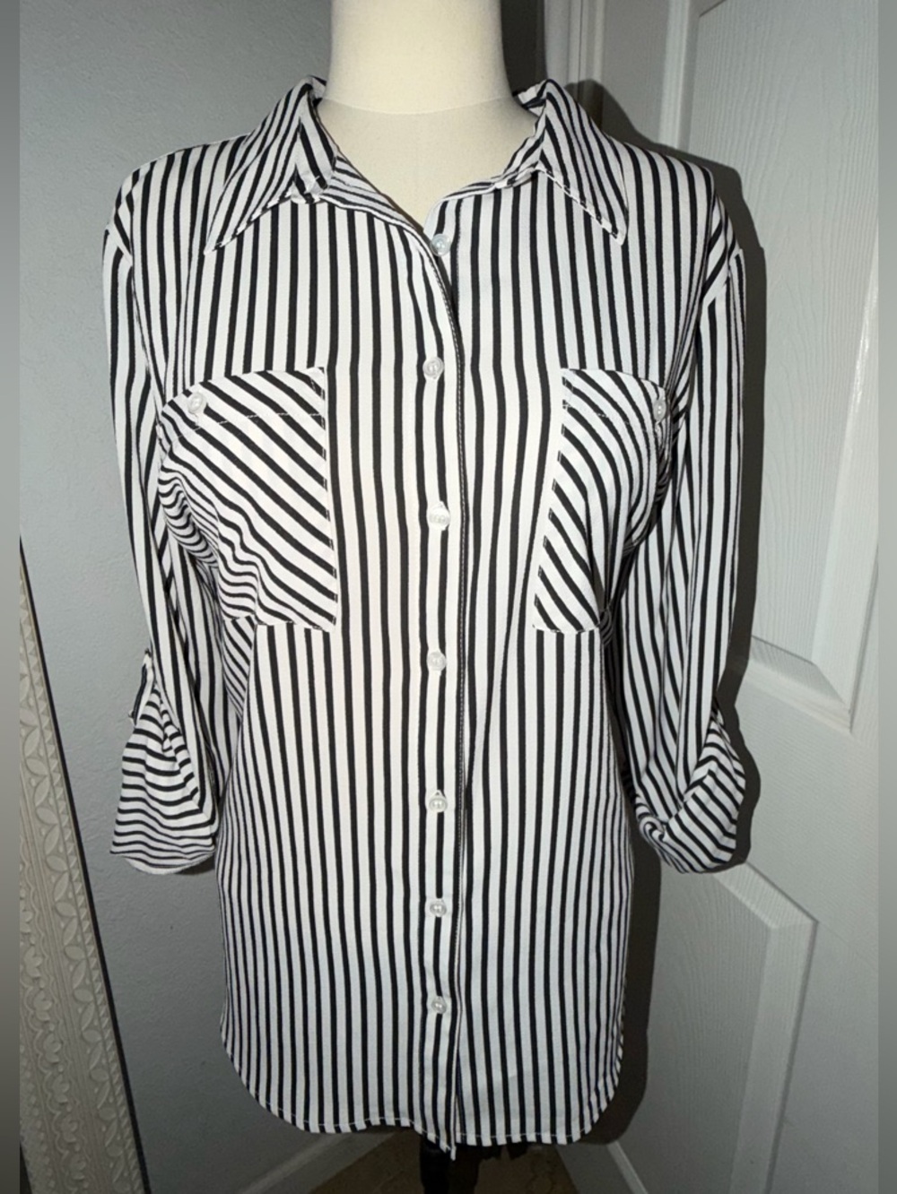 Grace Black and White Striped Button-Down Shirt